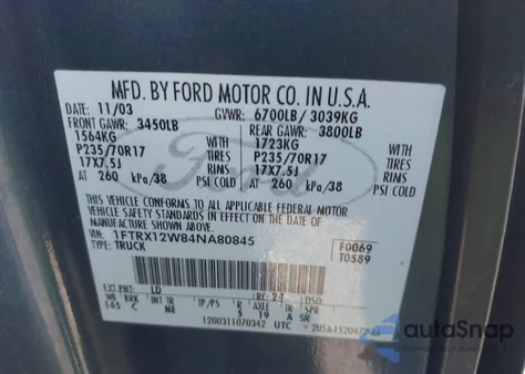 2004 Ford F-150 Stx/Xl/Xlt z USA, uszkodzony, nr VIN 1FTRX12W84NA80845